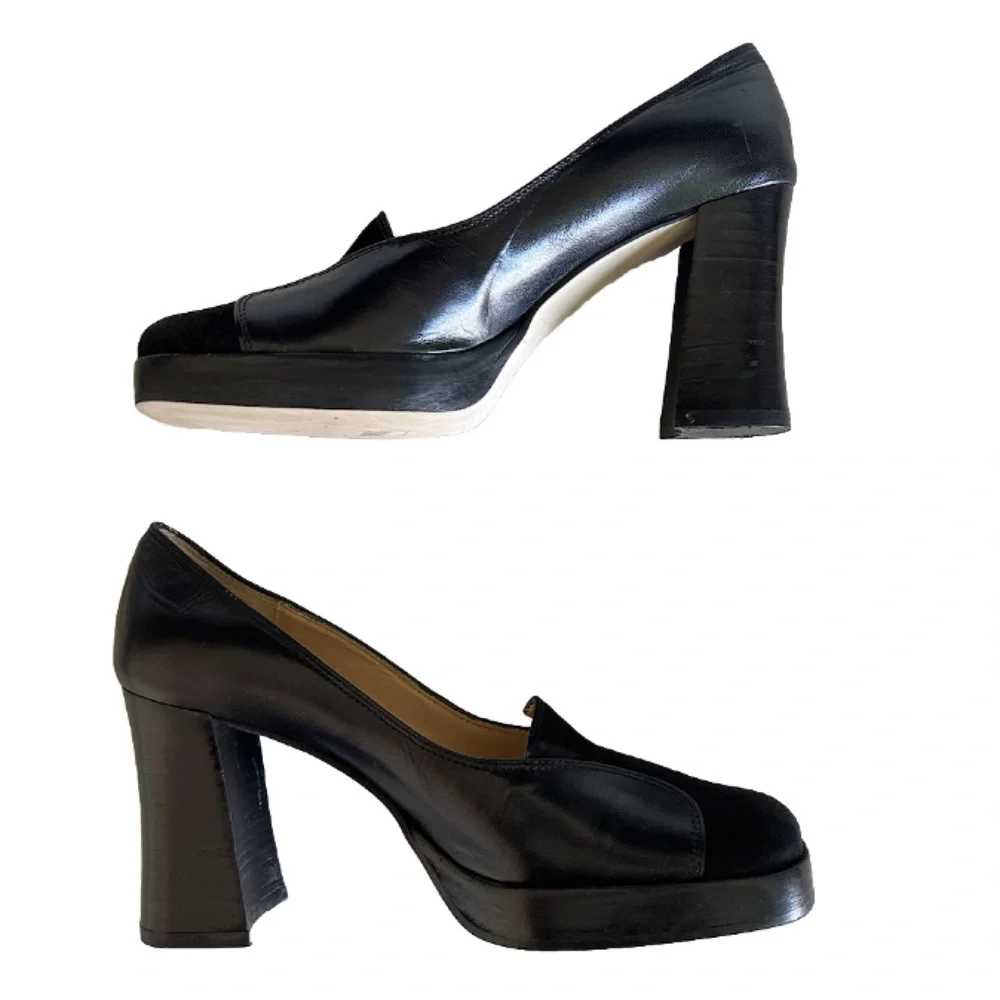 Y2K 90s Enzo Angiolini square toe suede leather black Platform Slip On 7 Retro - Picture 7 of 13